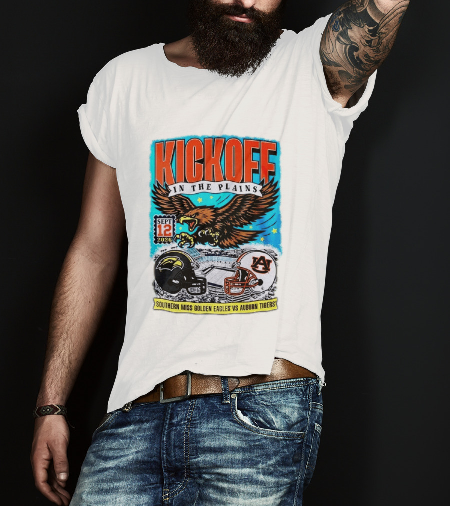 Kickoff In The Plains Southern Miss Golden Eagles Vs Auburn Tigers Sept 12 2026 Football Matchup T-Shirt