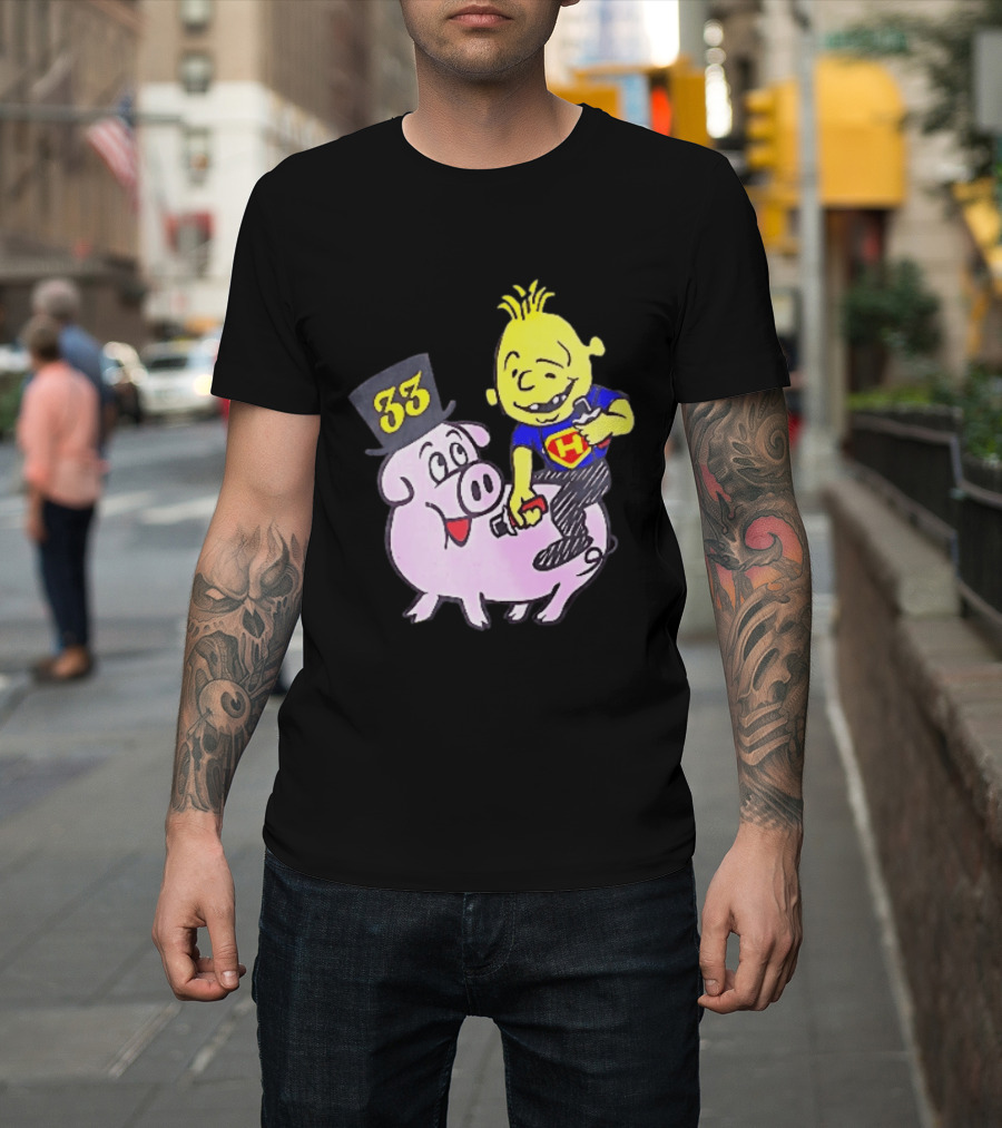 33 Cartoon Boy Yellow Hair Riding Pink Pig Black Top Hat H Hero T-Shirt
