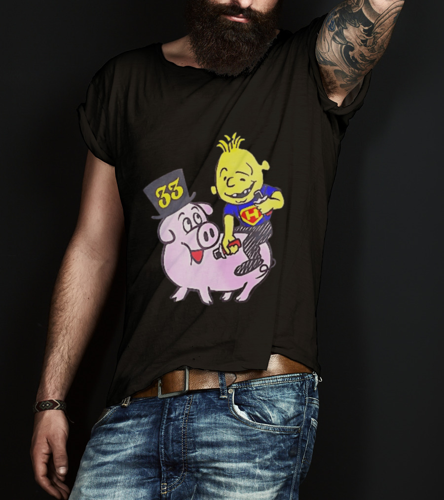 33 Cartoon Boy Yellow Hair Riding Pink Pig Black Top Hat H Hero T-Shirt