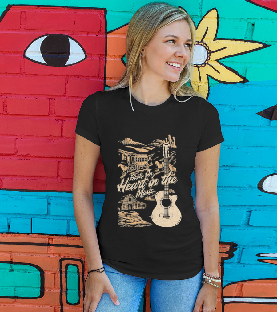 Boots On Heart In The Music Acoustic Guitar Cowboy Stagecoach Barn Scene T-Shirt