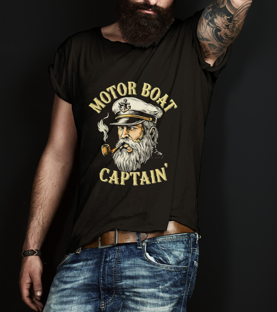 Motor Boat Captain Nautical Sea Sailor Pipe Smoking Beard T-Shirt