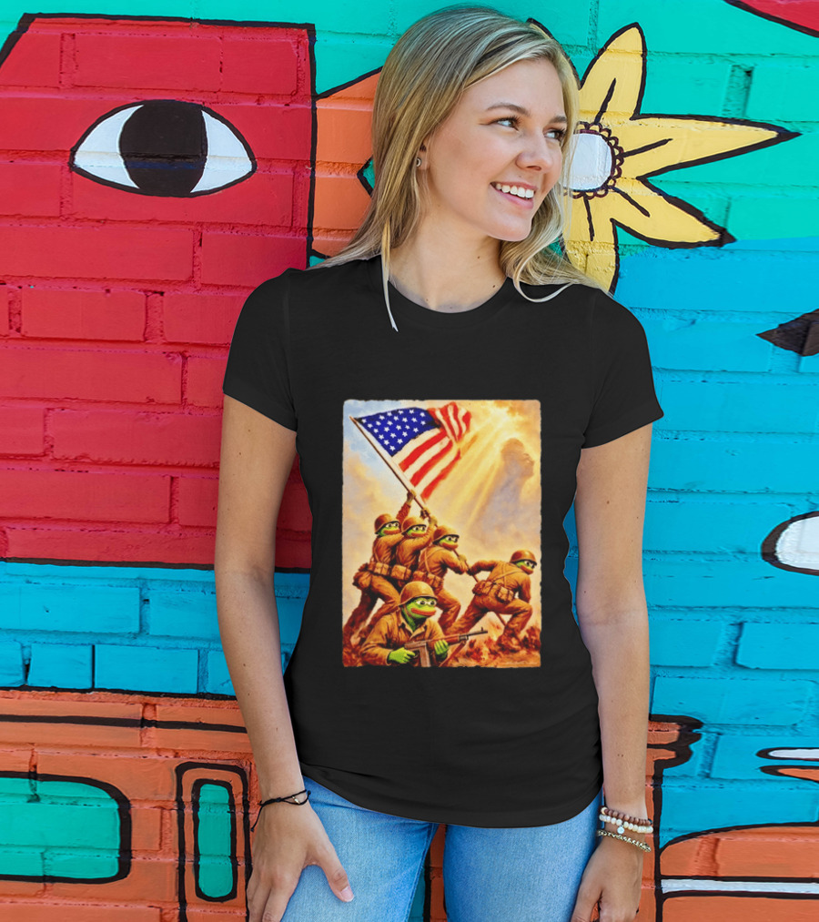 Pepe The Frog American Flag Soldiers Together We Win WWII Iwo Jima Memorial T-Shirt