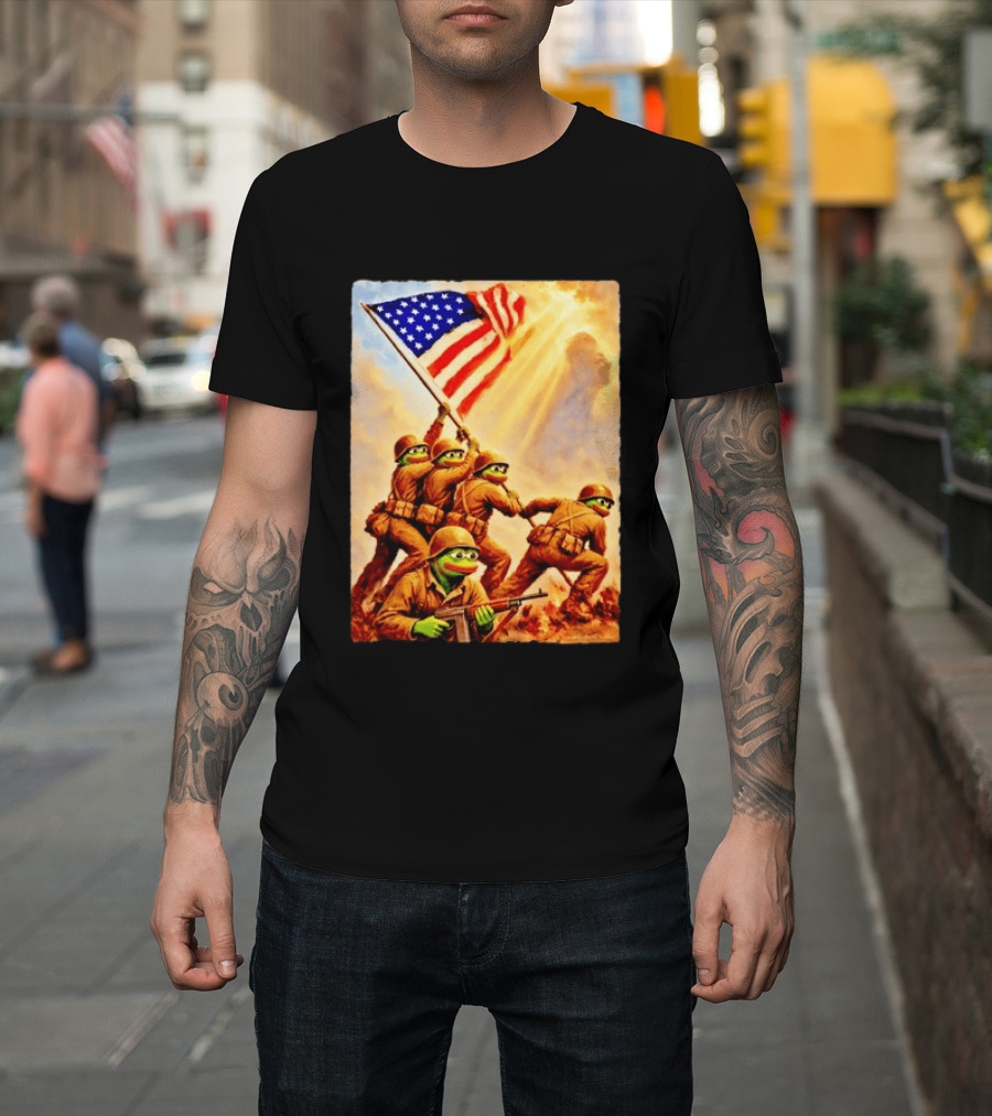 Pepe The Frog American Flag Soldiers Together We Win WWII Iwo Jima Memorial T-Shirt