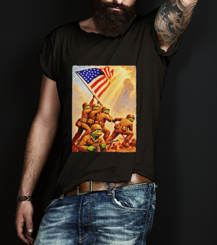 Pepe The Frog American Flag Soldiers Together We Win WWII Iwo Jima Memorial T-Shirt
