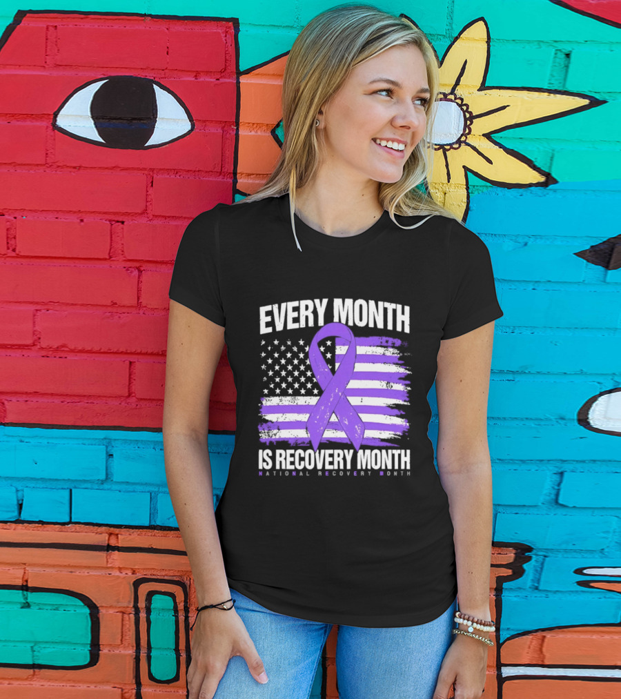 Every Month Is Recovery Month Purple Ribbon American Flag National Recovery Month T-Shirt