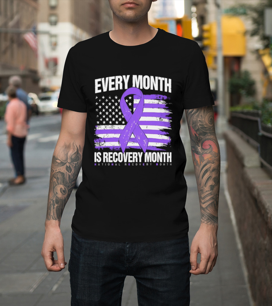 Every Month Is Recovery Month Purple Ribbon American Flag National Recovery Month T-Shirt