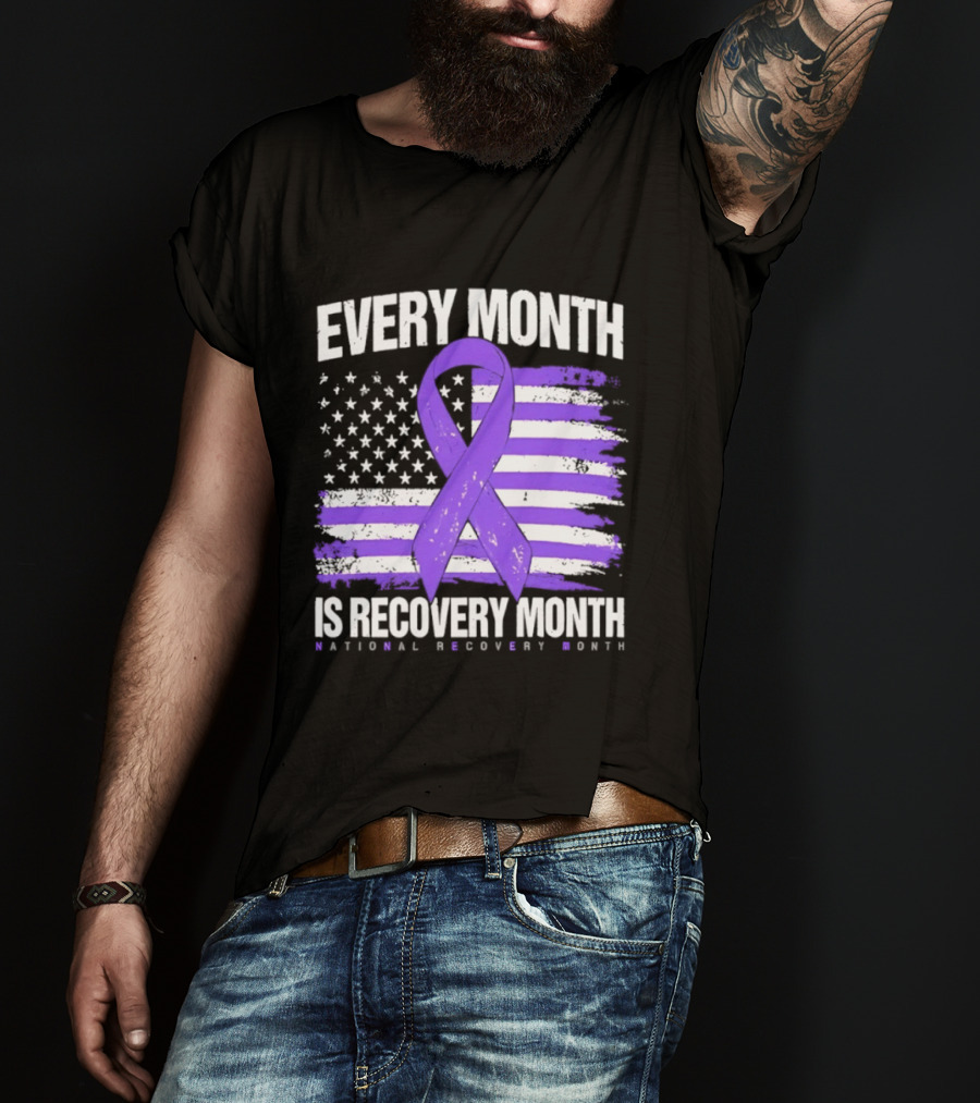 Every Month Is Recovery Month Purple Ribbon American Flag National Recovery Month T-Shirt