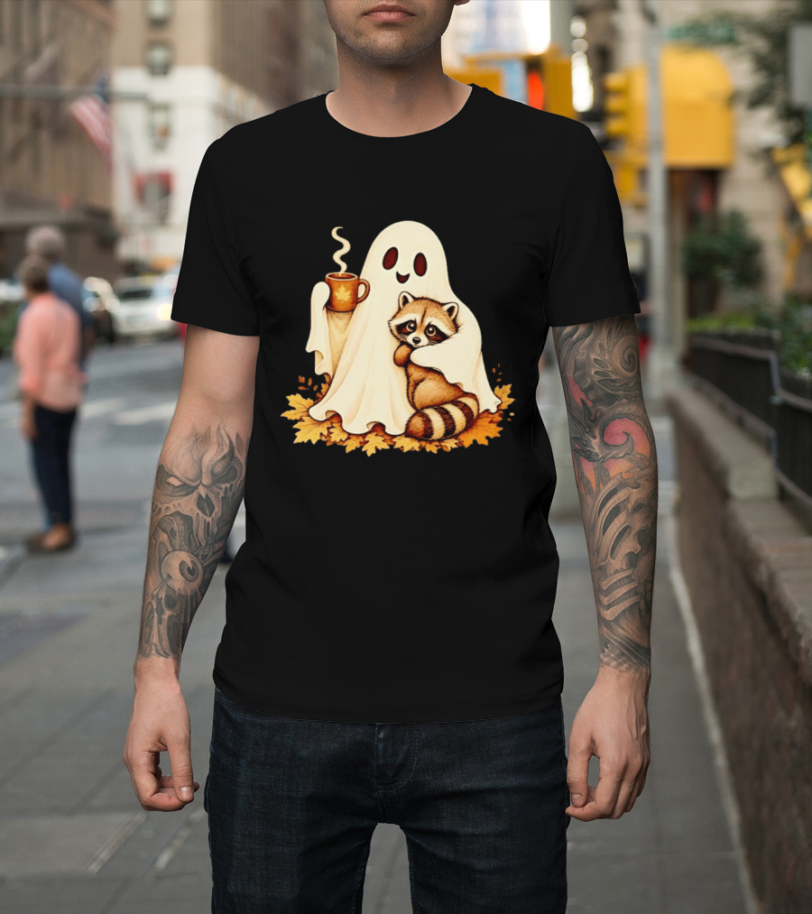 Ghost Hugging Raccoon With Coffee And Autumn Leaves T-Shirt