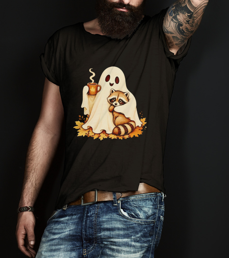 Ghost Hugging Raccoon With Coffee And Autumn Leaves T-Shirt