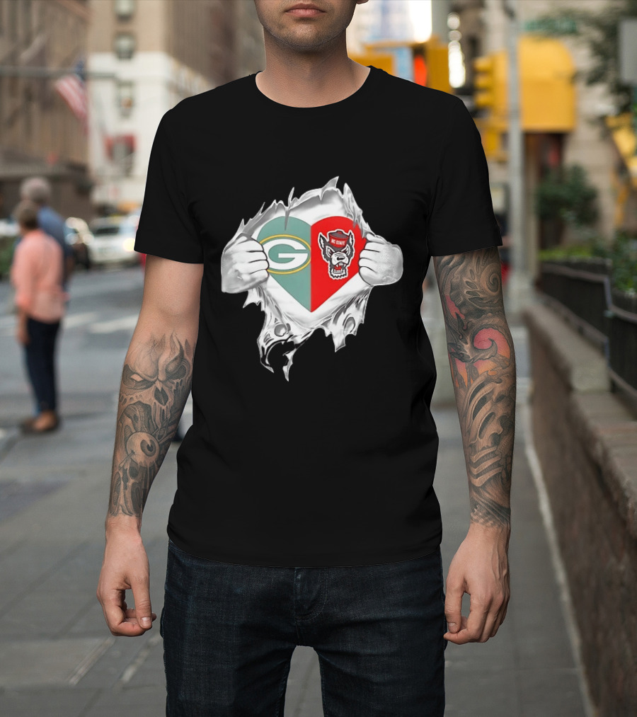 Green Bay Packers NC State Wolfpack Heart Superman Chest Rip T-Shirt