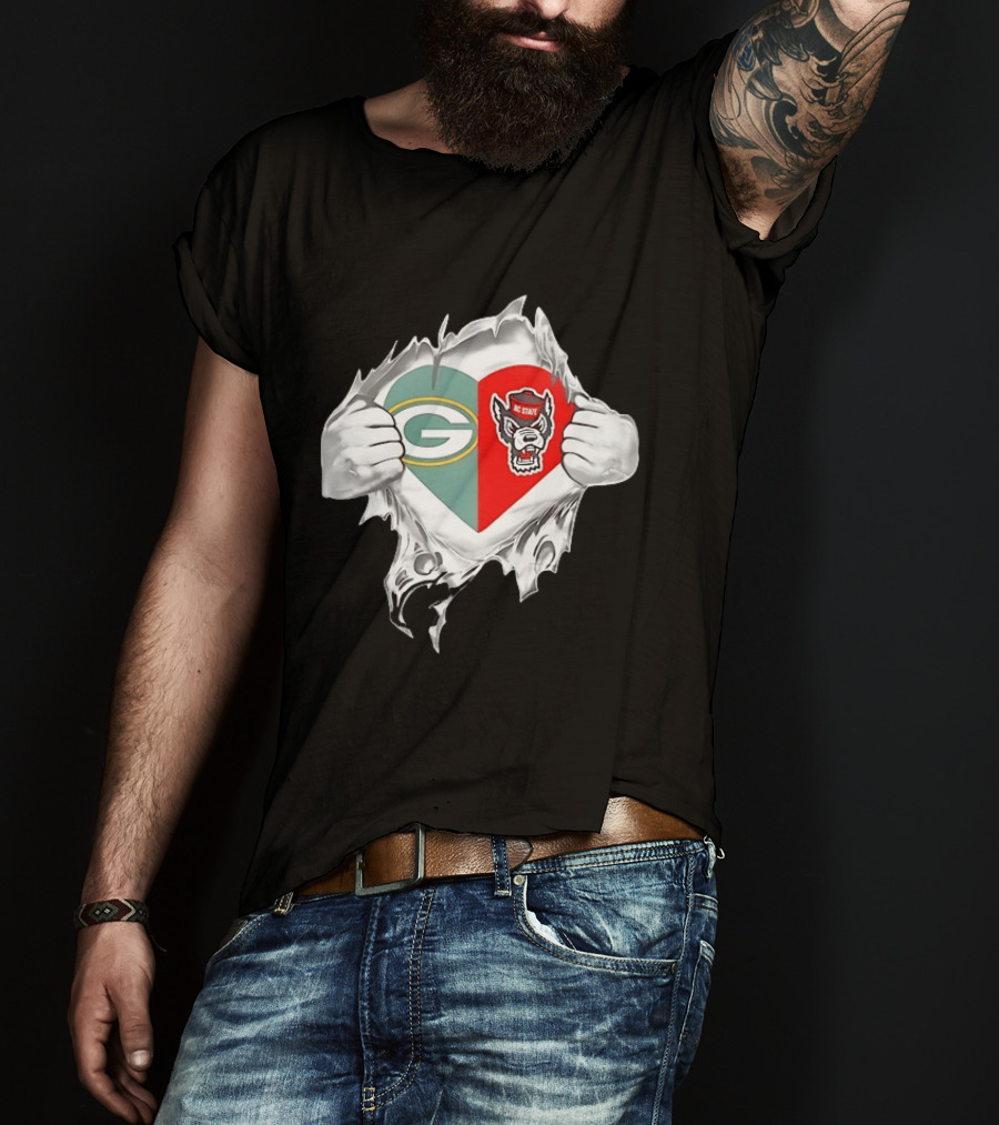 Green Bay Packers NC State Wolfpack Heart Superman Chest Rip T-Shirt