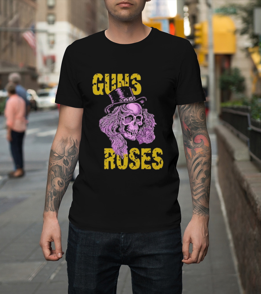 Guns N' Roses Distressed Skull With Top Hat And Roses T-Shirt