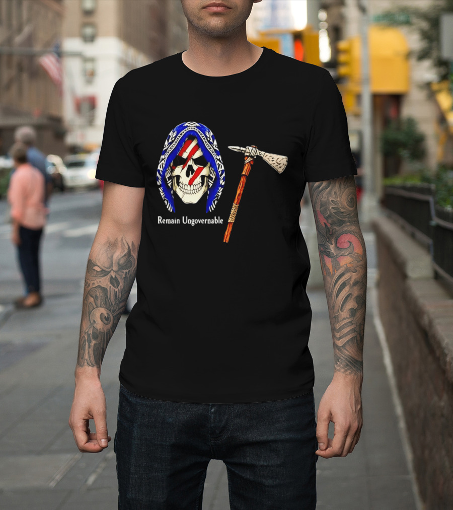Skull With Tomahawk Remain Ungovernable Hooded Skeleton Red Marks T-Shirt