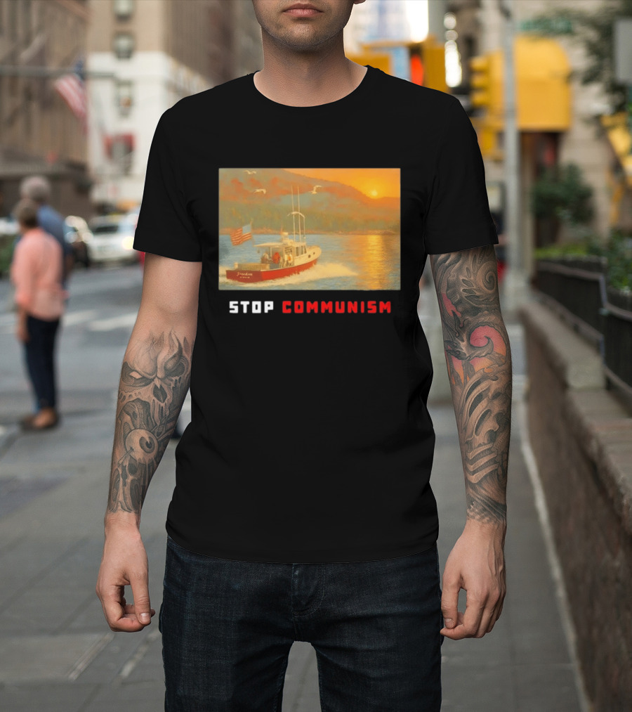 Stop Communism Freedom Boat American Flag Sunset Landscape T-Shirt