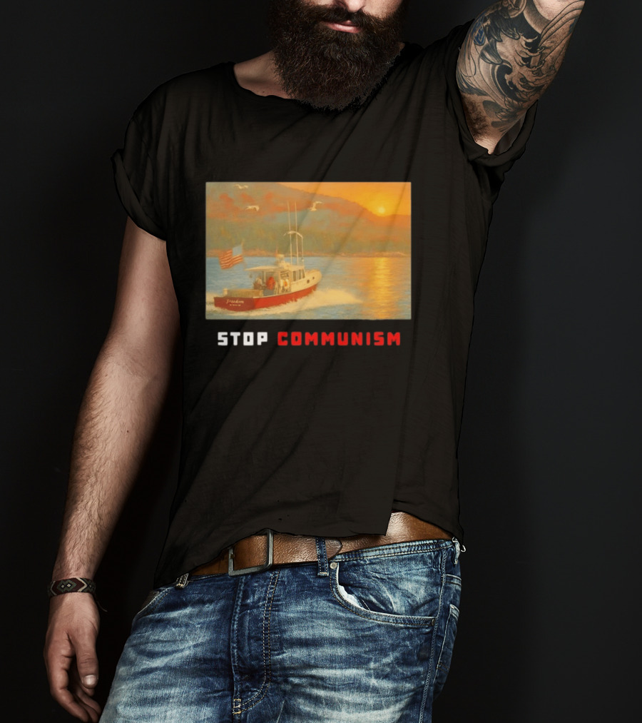 Stop Communism Freedom Boat American Flag Sunset Landscape T-Shirt