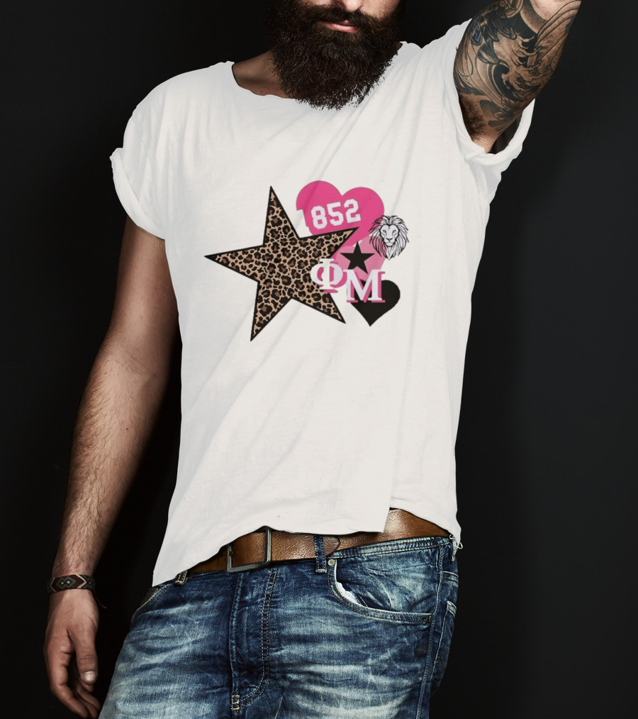 Phi Mu 1852 Leopard Star Lion 852 Pink Heart Sorority T-Shirt