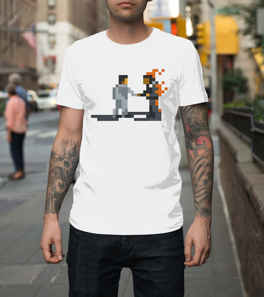Pink Floyd Wish You Were Here Pixelated Two Men Shaking Hands Flames T-Shirt