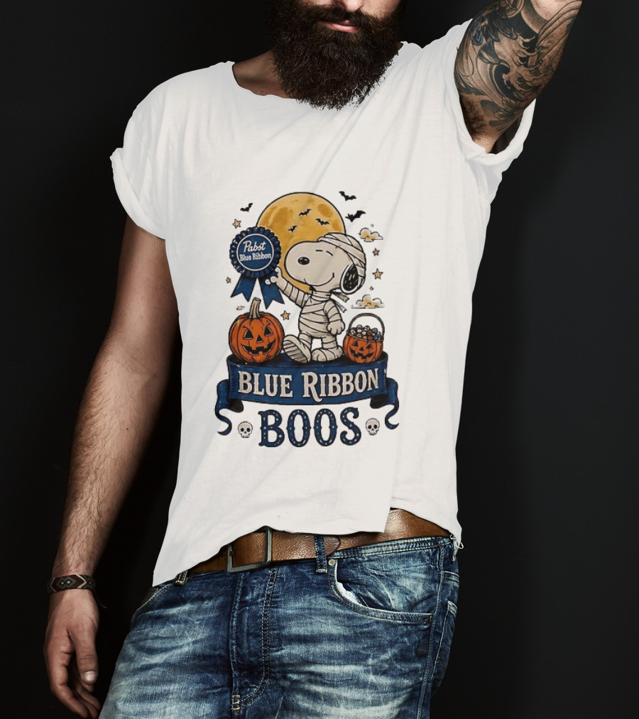 Pabst Blue Ribbon Snoopy Mummy Halloween Blue Ribbon Boos Pumpkin Moon Bats T-Shirt