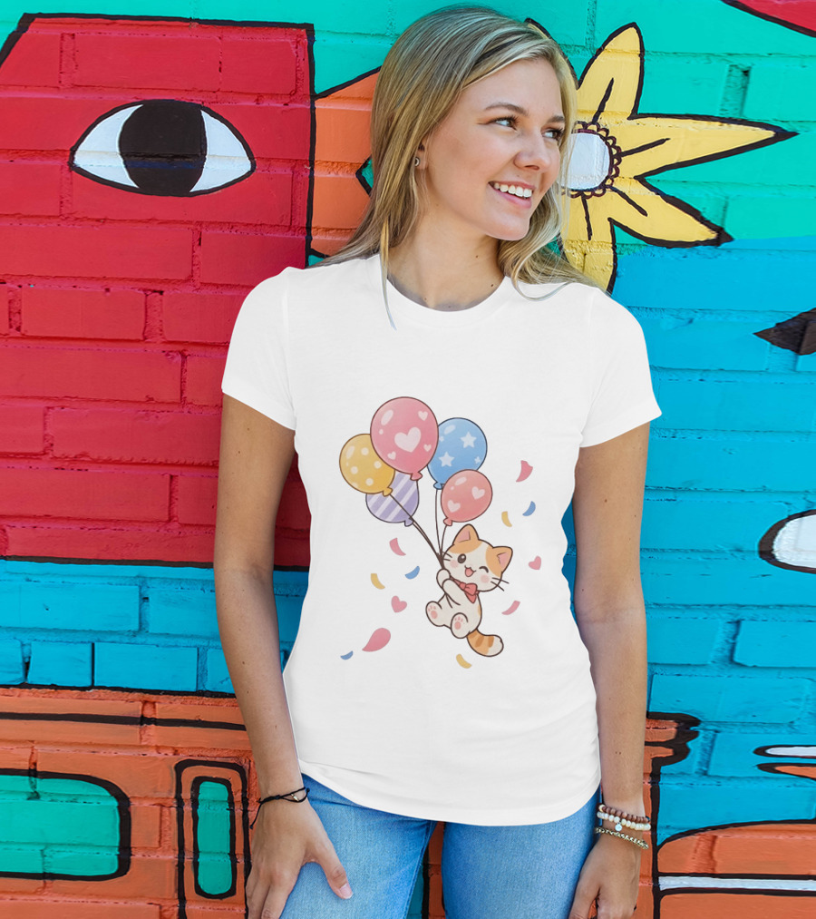 Cat Floating With Colorful Balloons T-Shirt