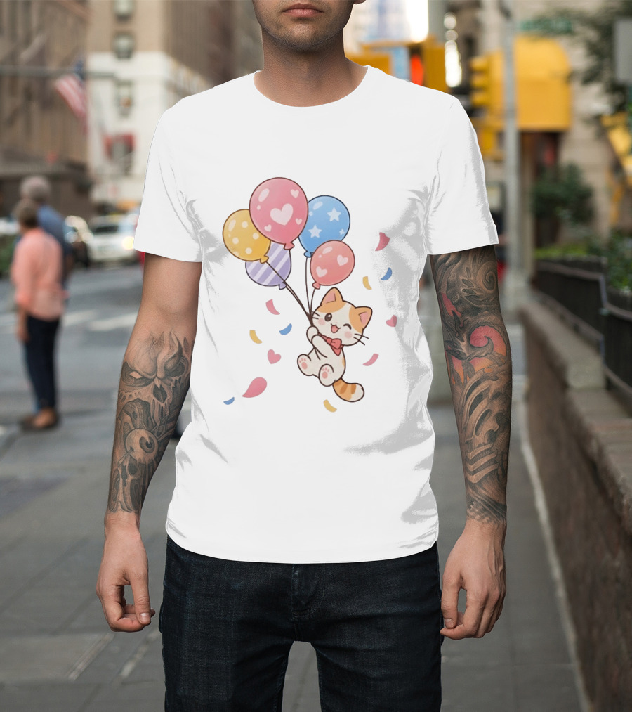 Cat Floating With Colorful Balloons T-Shirt