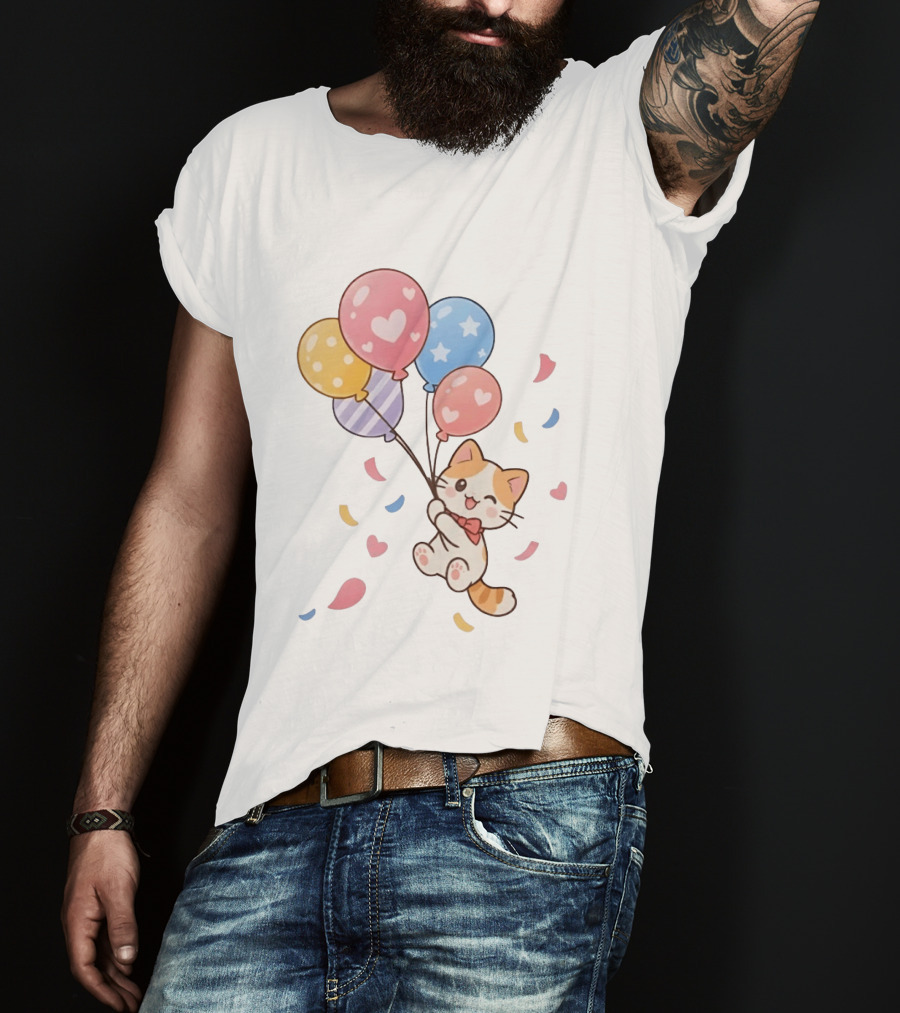 Cat Floating With Colorful Balloons T-Shirt