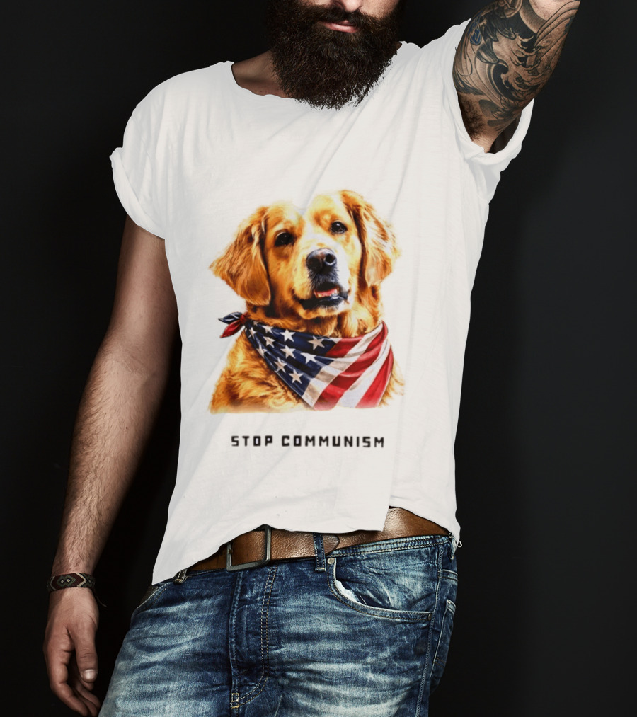 Golden Retriever Wearing American Flag Bandana Stop Communism T-Shirt