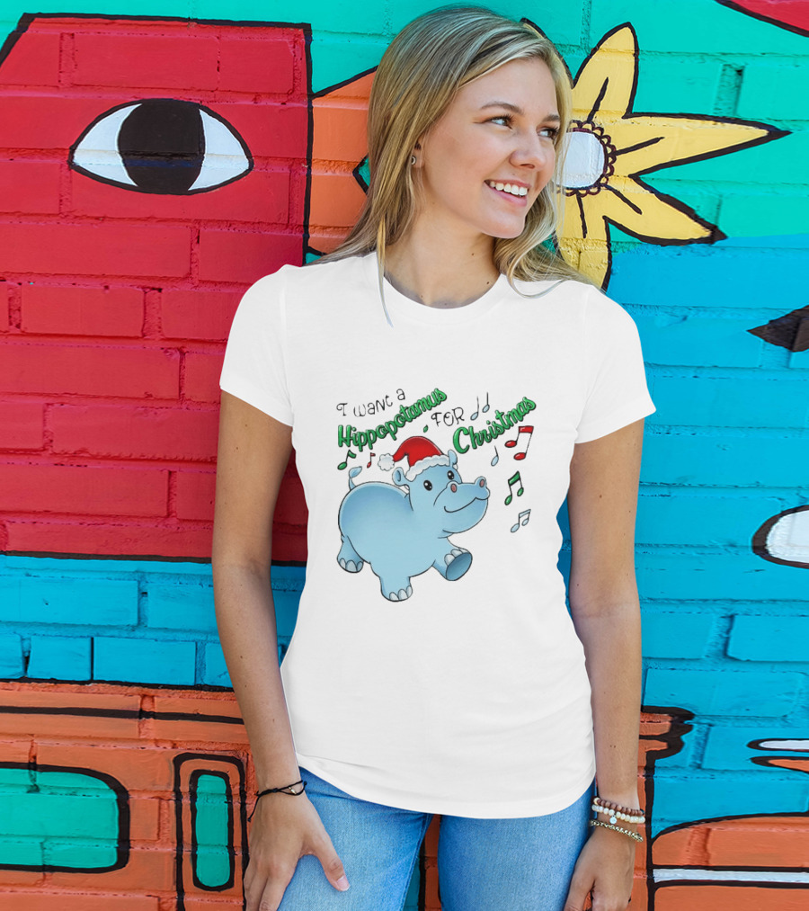 Inktastic I Want A Hippopotamus For Christmas Hippo In Santa Hat T-Shirt