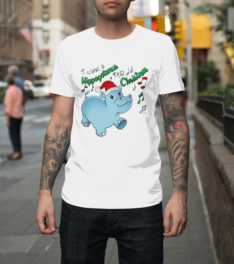 Inktastic I Want A Hippopotamus For Christmas Hippo In Santa Hat T-Shirt