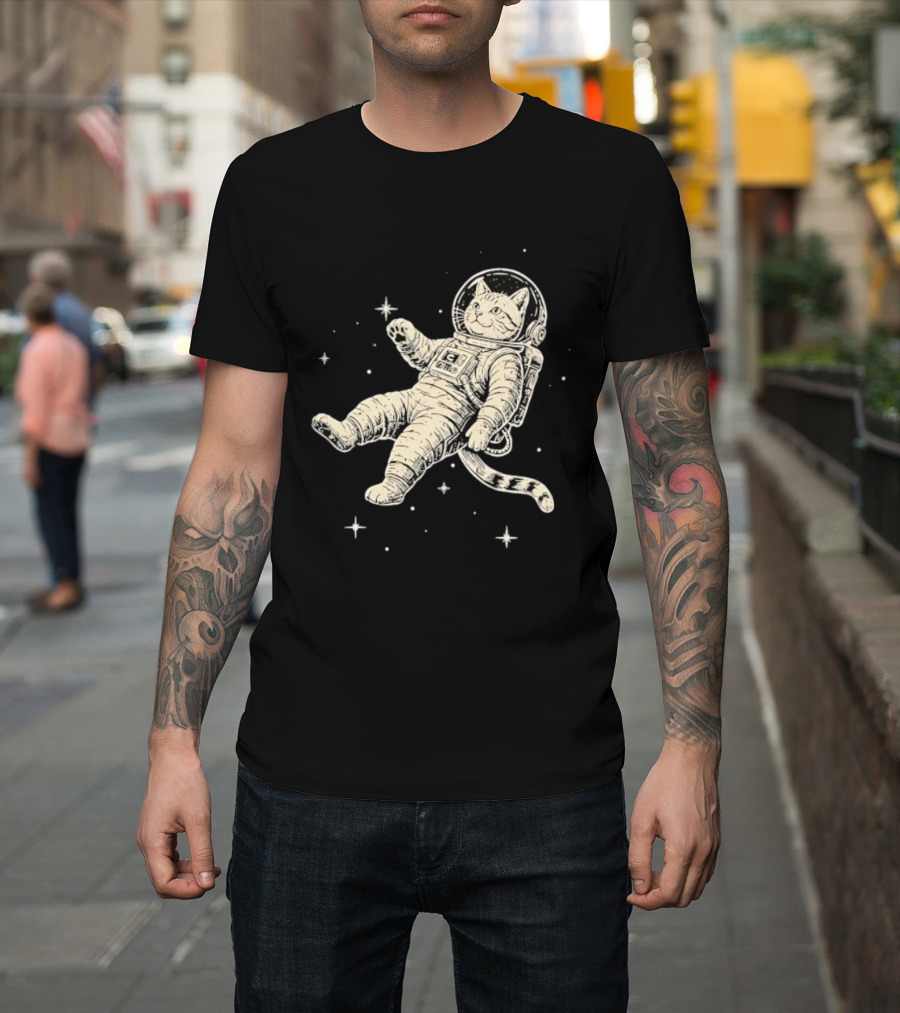 Astronaut Cat Floating In Space With Stars And Helmet T-Shirt