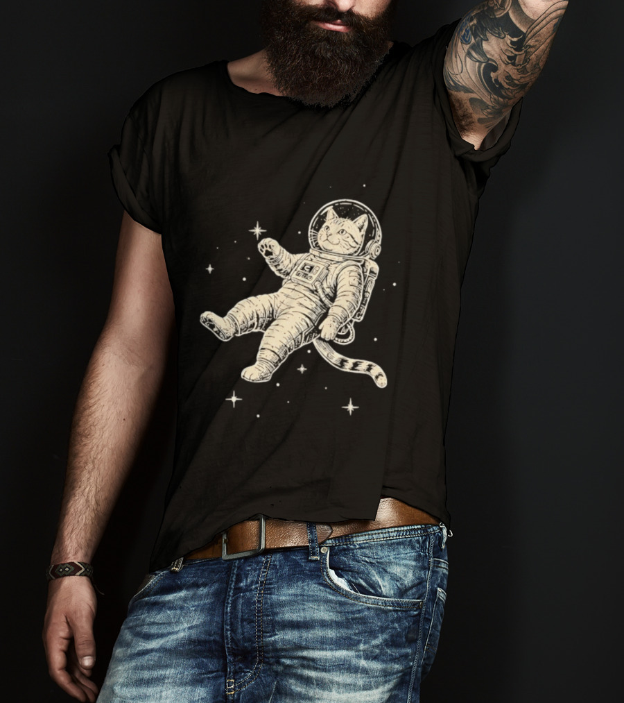 Astronaut Cat Floating In Space With Stars And Helmet T-Shirt