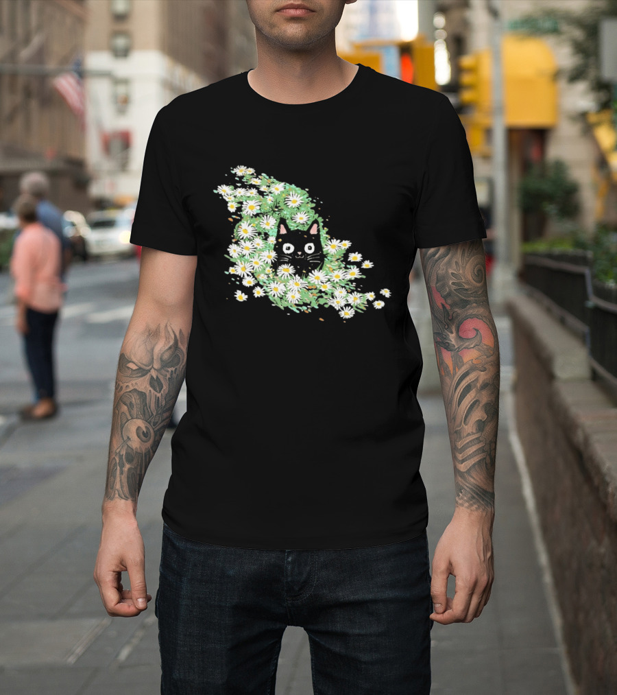 Black Cat Surrounded By Daisies In A Field T-Shirt