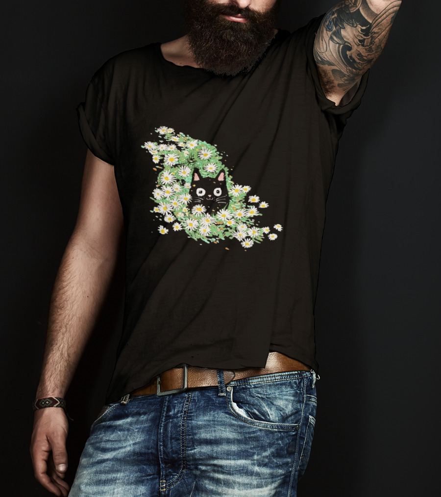 Black Cat Surrounded By Daisies In A Field T-Shirt