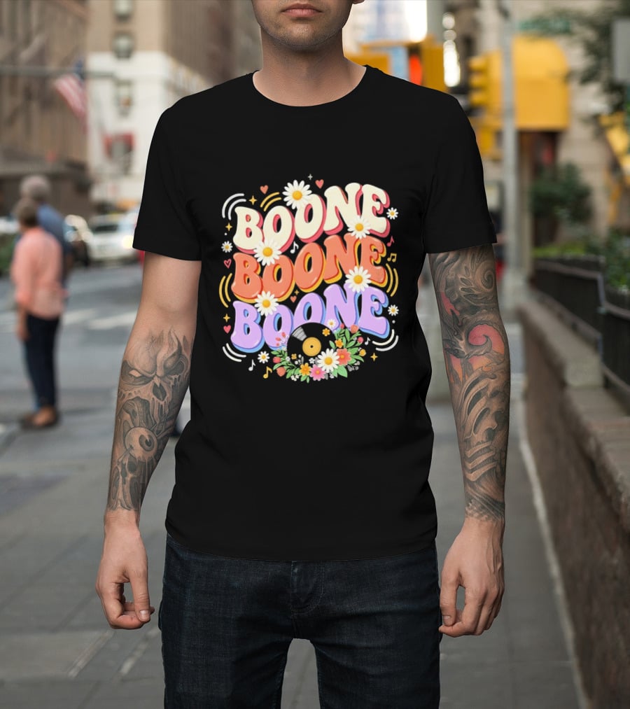 Boone Floral Vinyl Record Music Lover Colorful Daisy Notes Hearts T-Shirt