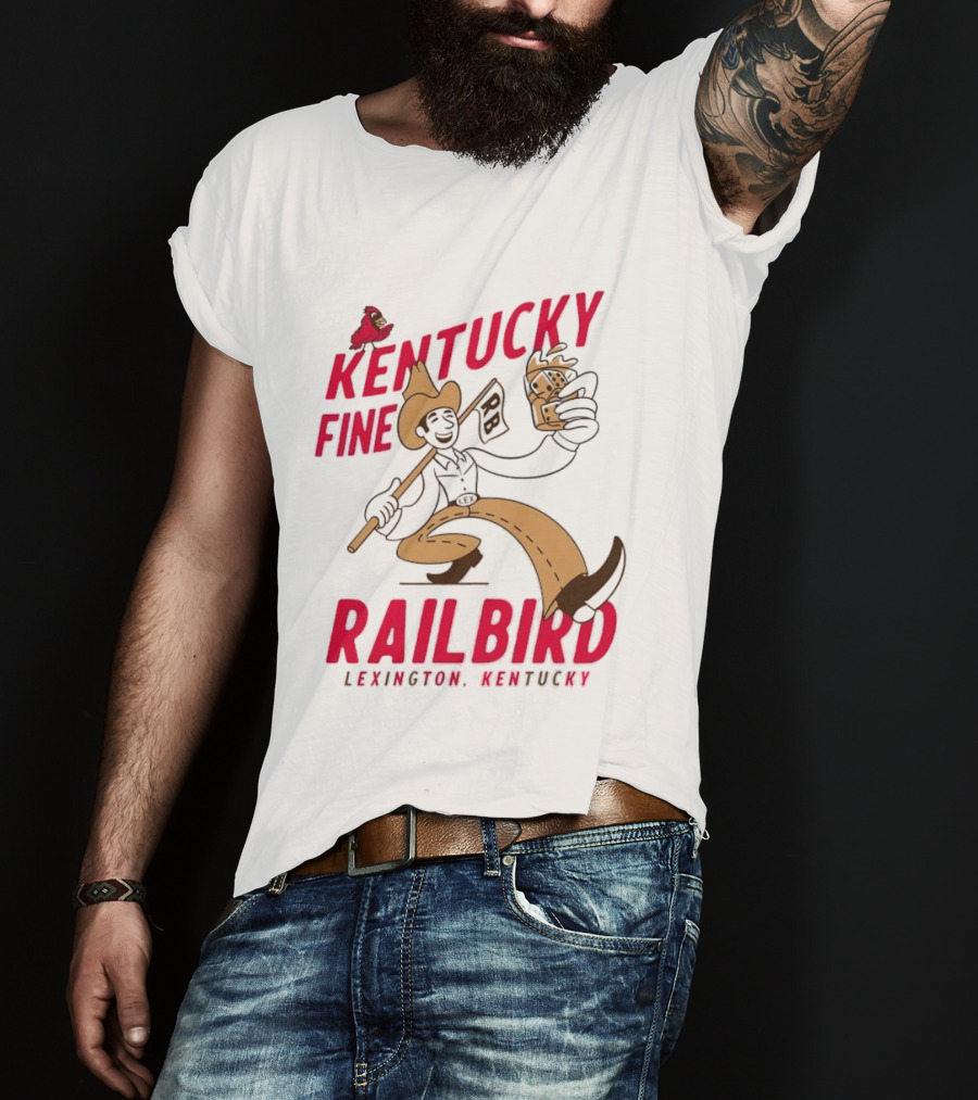 Kentucky Fine Railbird Lexington Kentucky Cowboy With Trophy And Cardinal T-Shirt