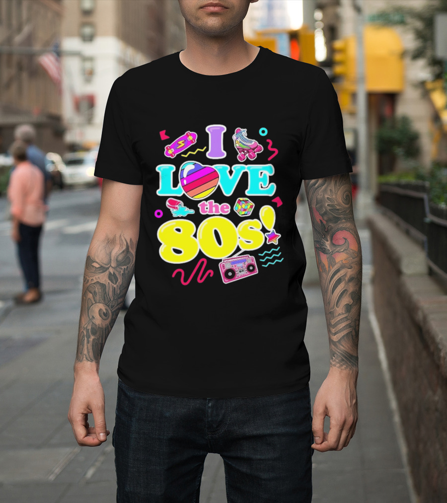 I Love The 80s Nostalgia Roller Skates Boombox Rubik's Cube Retro Fun T-Shirt