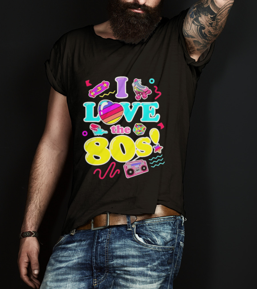 I Love The 80s Nostalgia Roller Skates Boombox Rubik's Cube Retro Fun T-Shirt