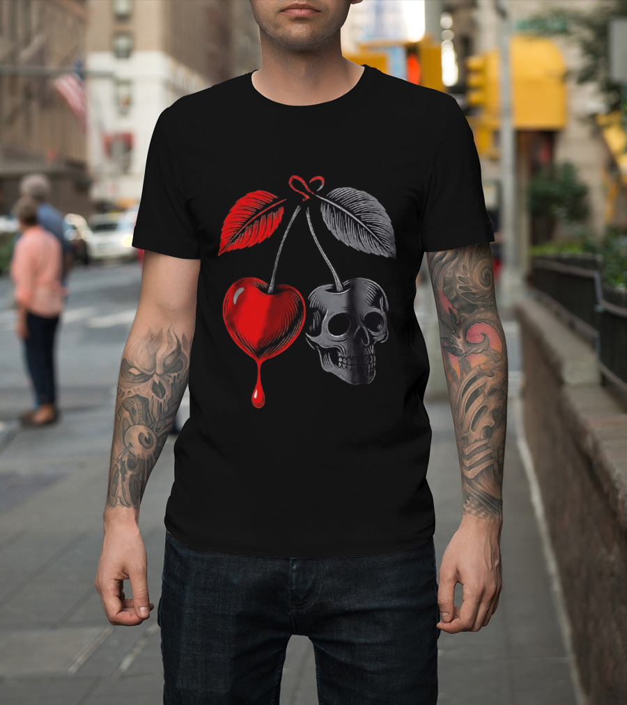 Bleeding Cherry Skull Memento Mori Gothic Macabre Dark Fruit T-Shirt