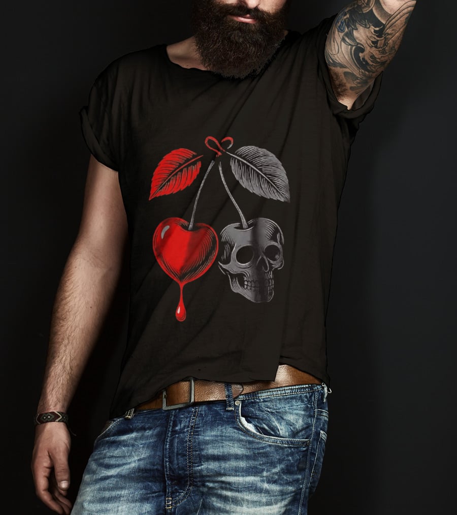 Bleeding Cherry Skull Memento Mori Gothic Macabre Dark Fruit T-Shirt