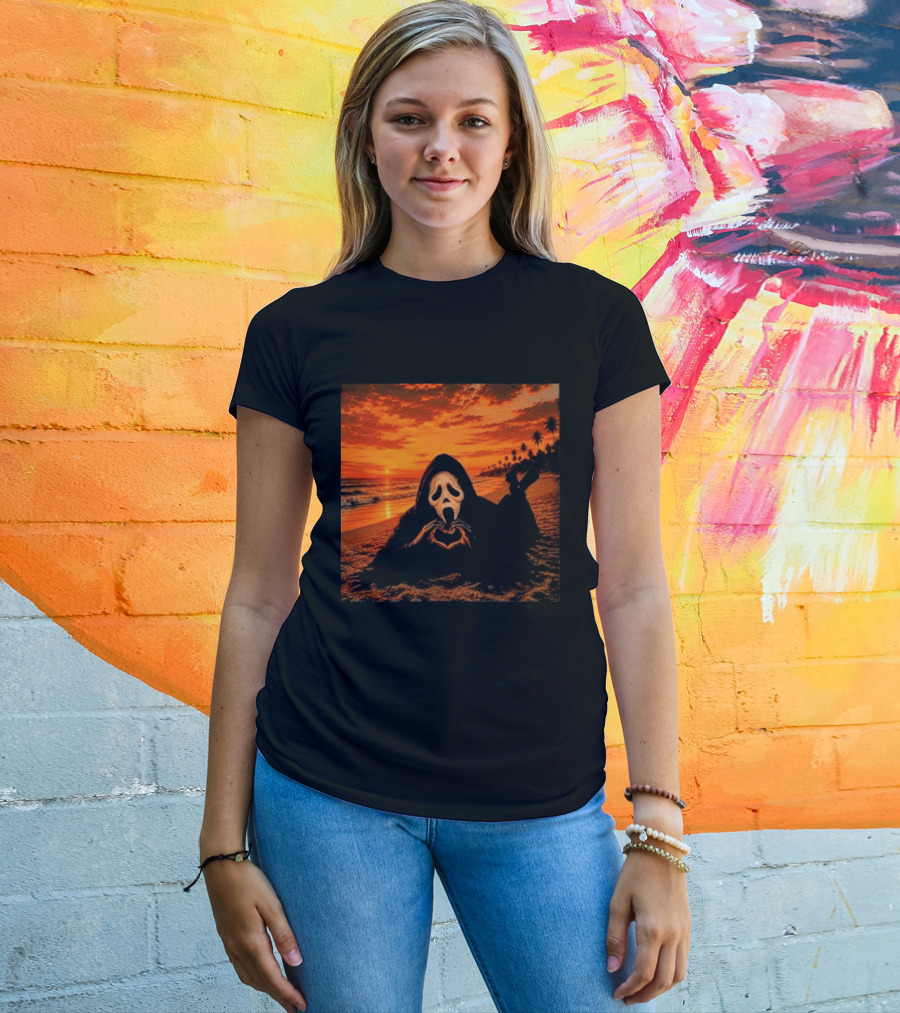 Ghostface Heart Hands Beach Sunset Halloween 2026 T-Shirt