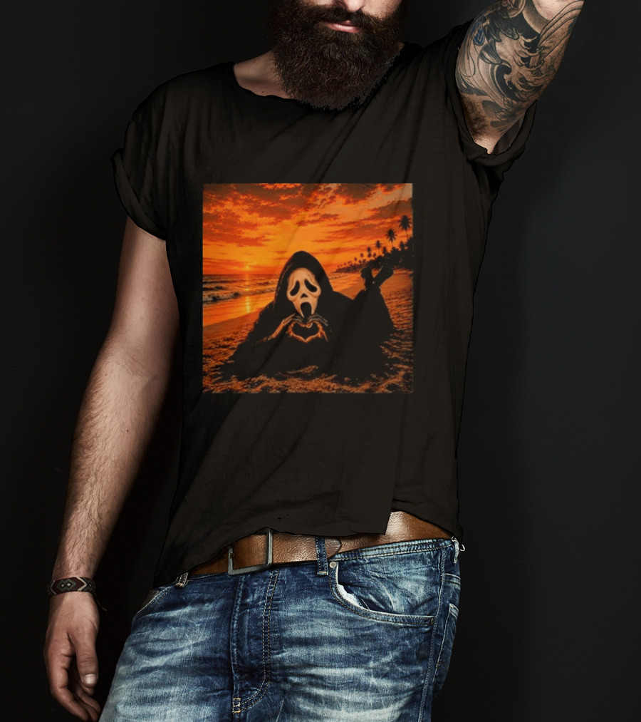 Ghostface Heart Hands Beach Sunset Halloween 2026 T-Shirt