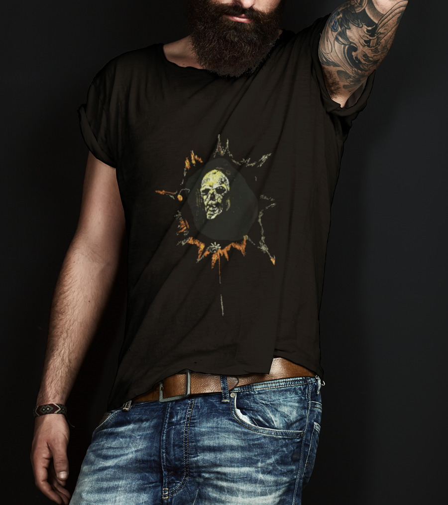 Yellow Spiky Sunburst Frame Hooded Skull Face Distressed Sketch T-Shirt