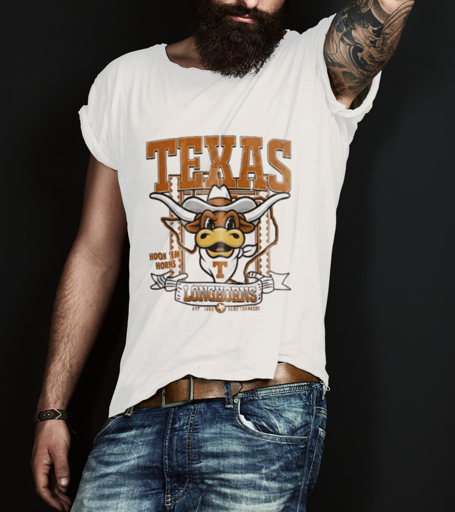 Texas Longhorns Hook Em Horns Game Changers Est 1883 State Map Cartoon T-Shirt