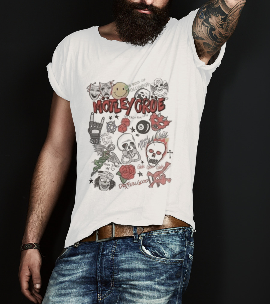 Motley Crue Album Doodle Collage Smiley Skull Roses Punk Rock T-Shirt