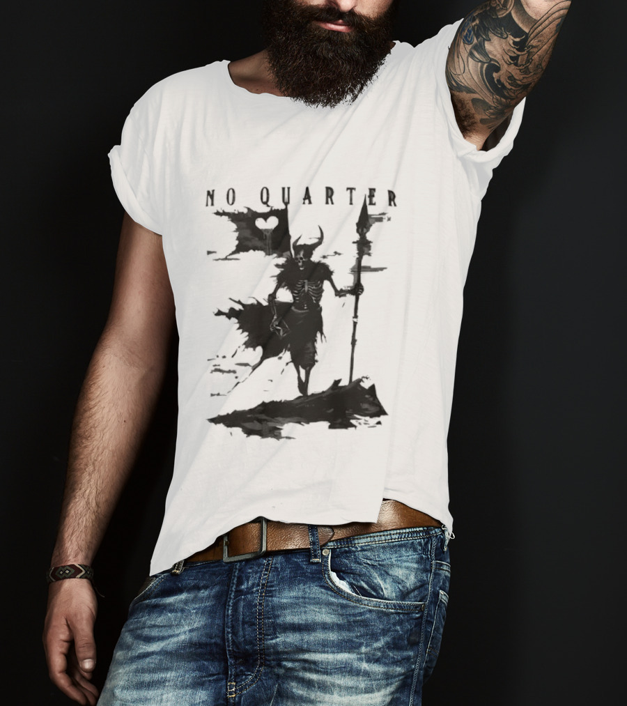 No Quarter Distressed Skeleton Warrior Dark Fantasy T-Shirt