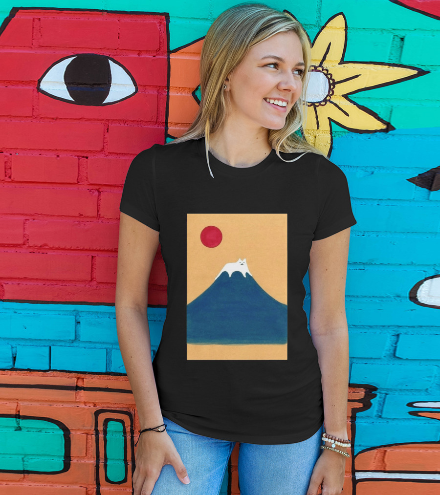 Meow Fuji Cat With Red Sun Illustration Japan T-Shirt