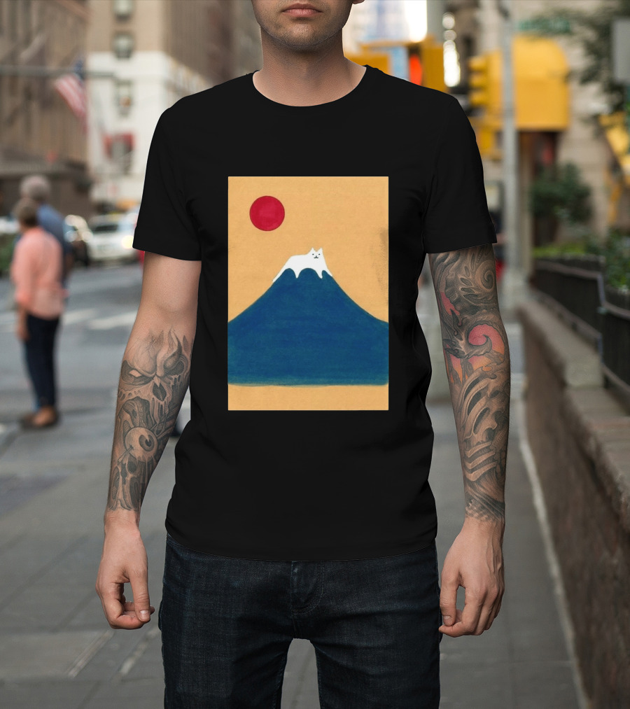 Meow Fuji Cat With Red Sun Illustration Japan T-Shirt