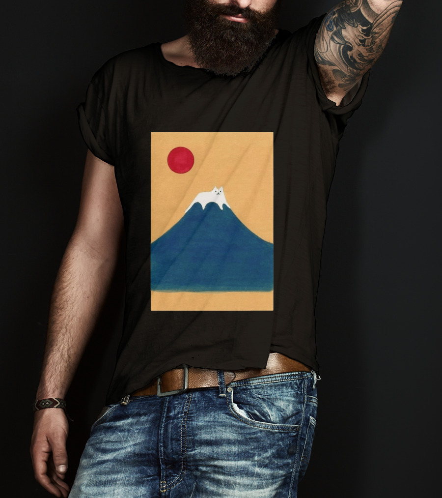 Meow Fuji Cat With Red Sun Illustration Japan T-Shirt