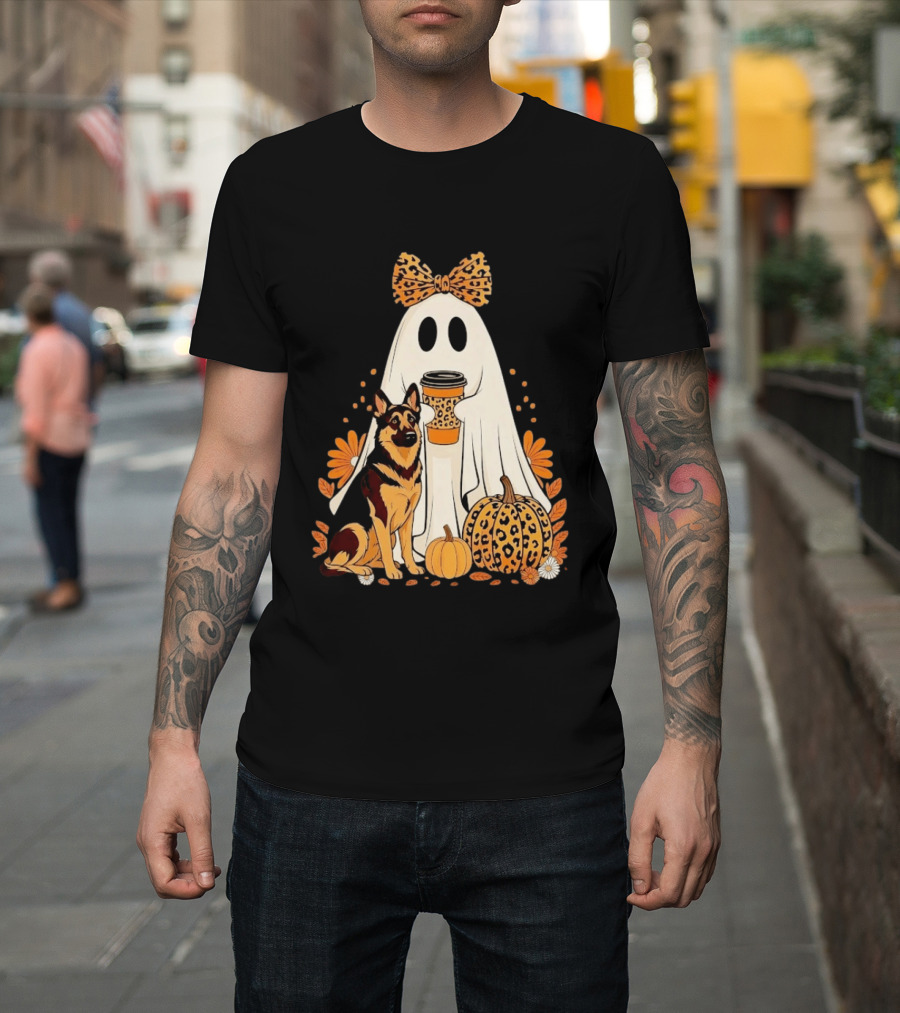 German Shepherd Ghost Leopard Pumpkin Coffee Halloween Bow T-Shirt
