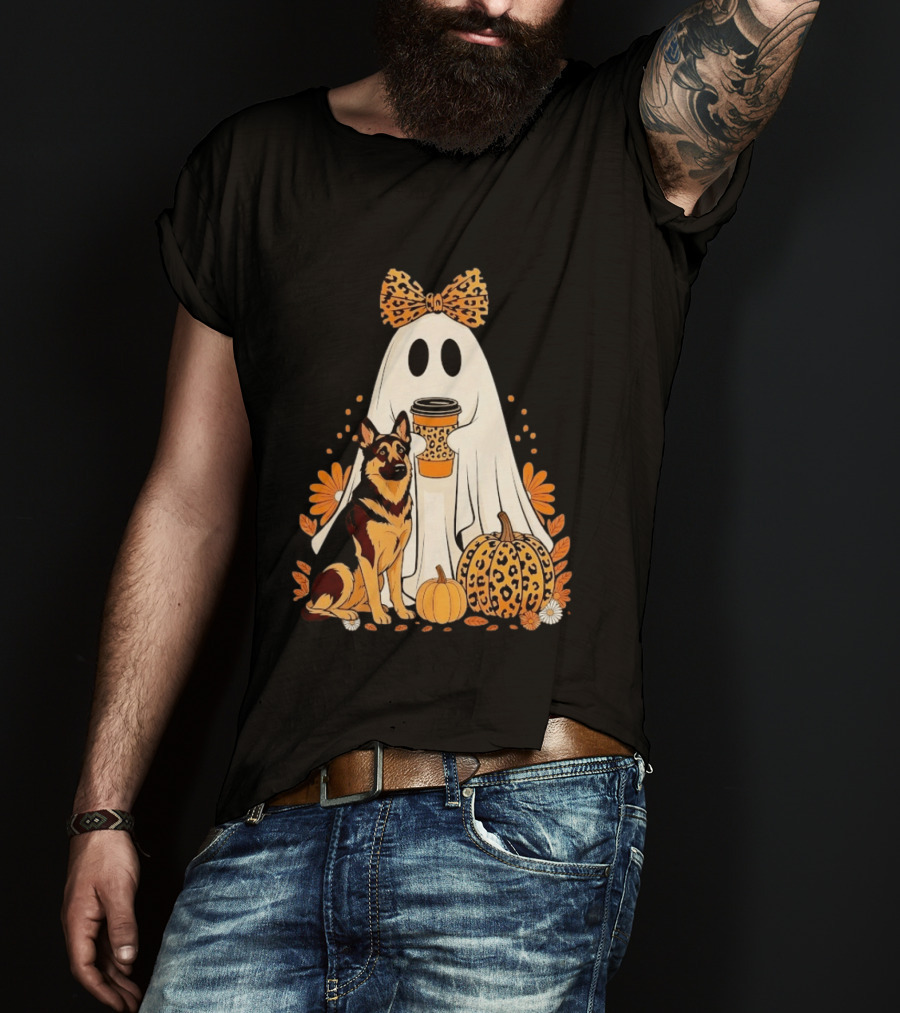 German Shepherd Ghost Leopard Pumpkin Coffee Halloween Bow T-Shirt
