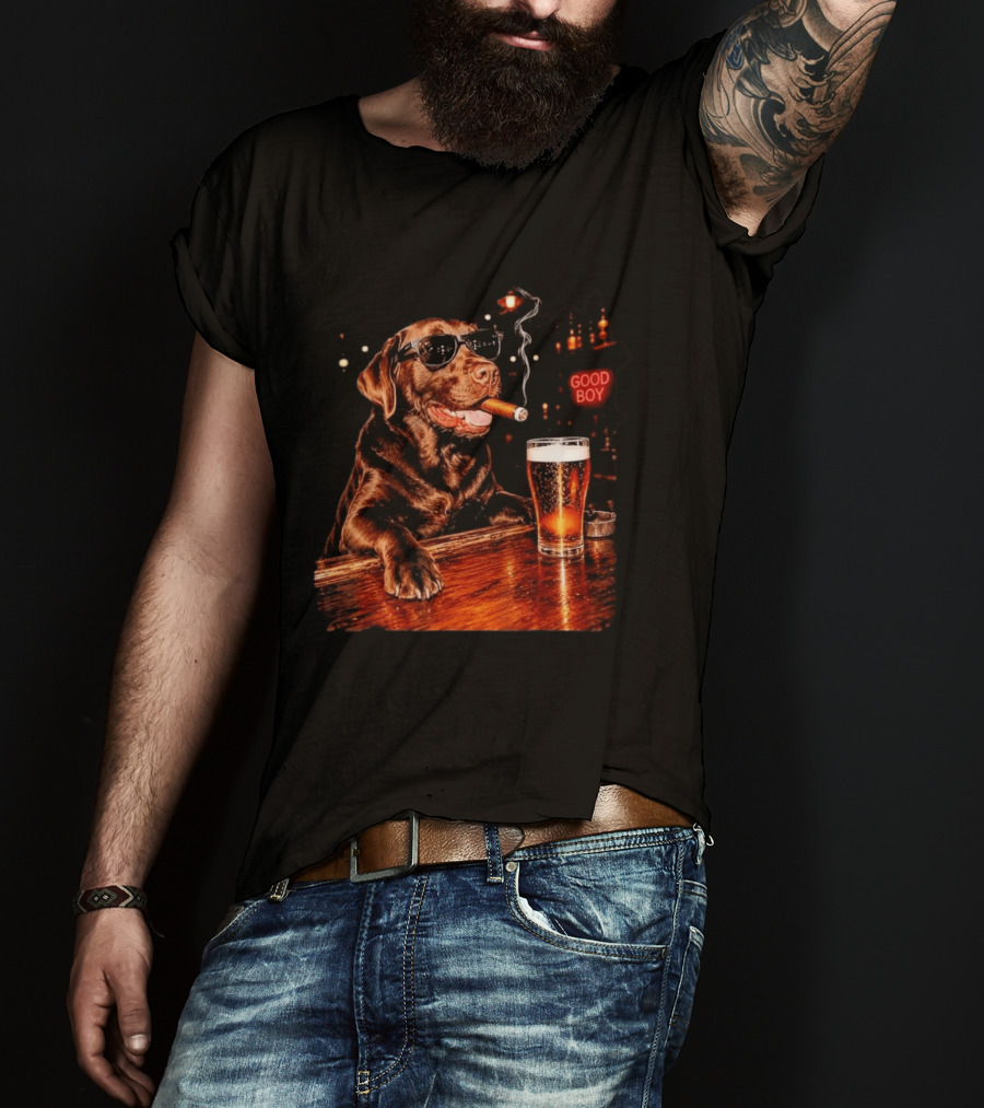 Silly Chocolate Labrador Retriever Drinking Beer Cigar Dog Good Boy Bar Night T-Shirt